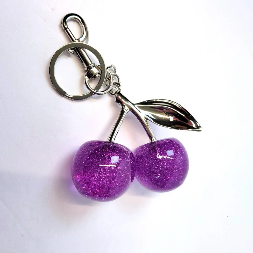 Bag Charm Cherry Keychain Glitter Resin Purple Womens Gypsy Fairycore Whimsical